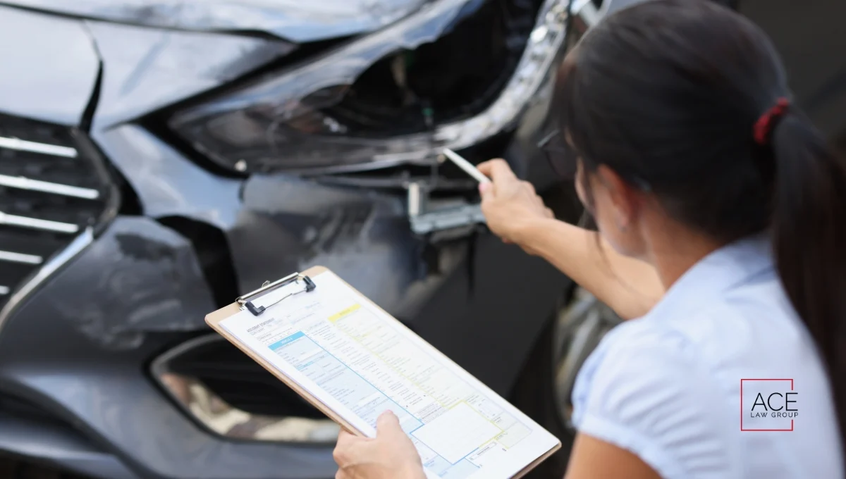 Woman inspecting car damage after defective vehicle accident with clipboard in hand